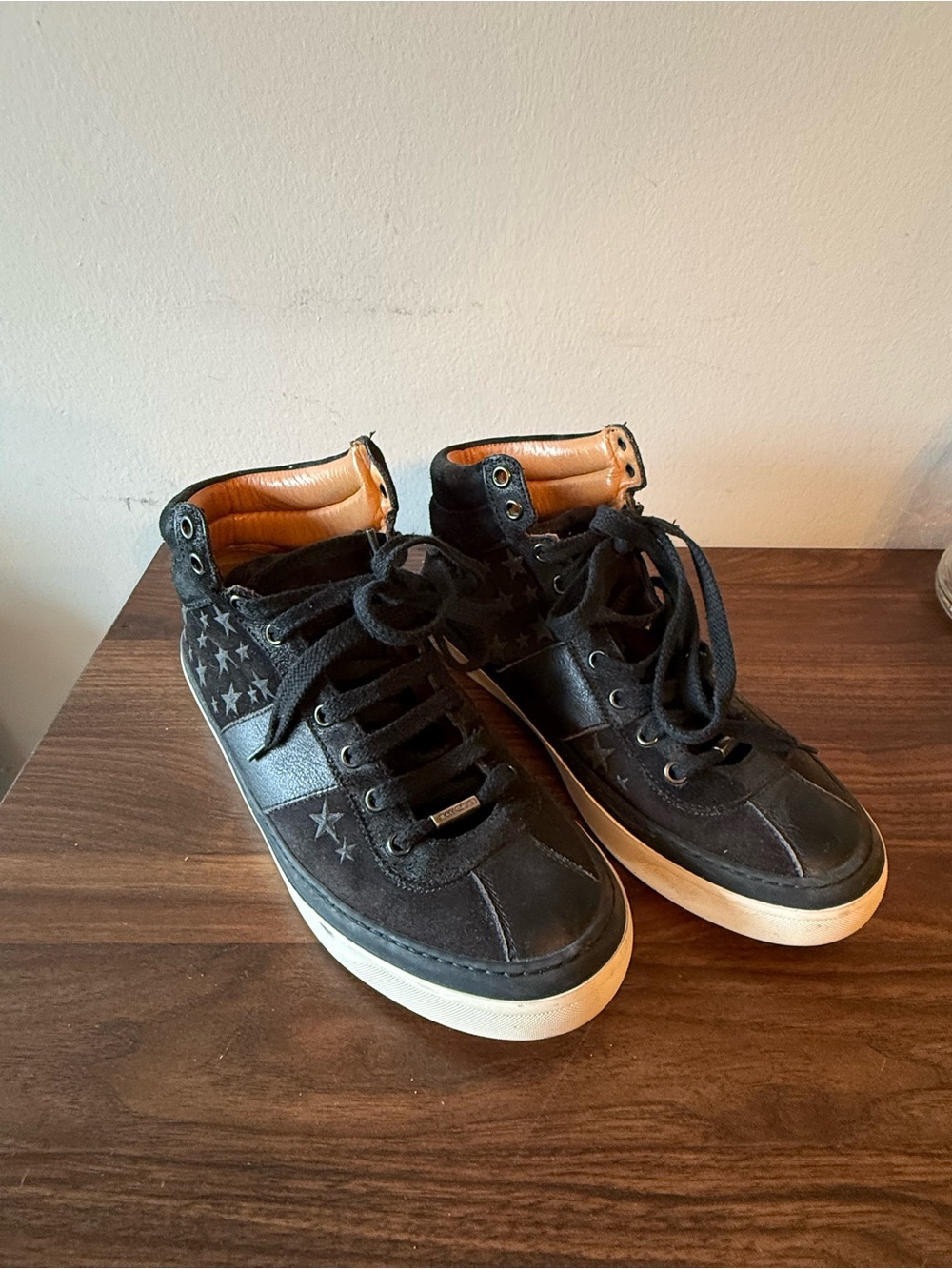 Jimmy Choo High Top Lace-Up Sneaker Black Leather Suede Star  Womens Size 10